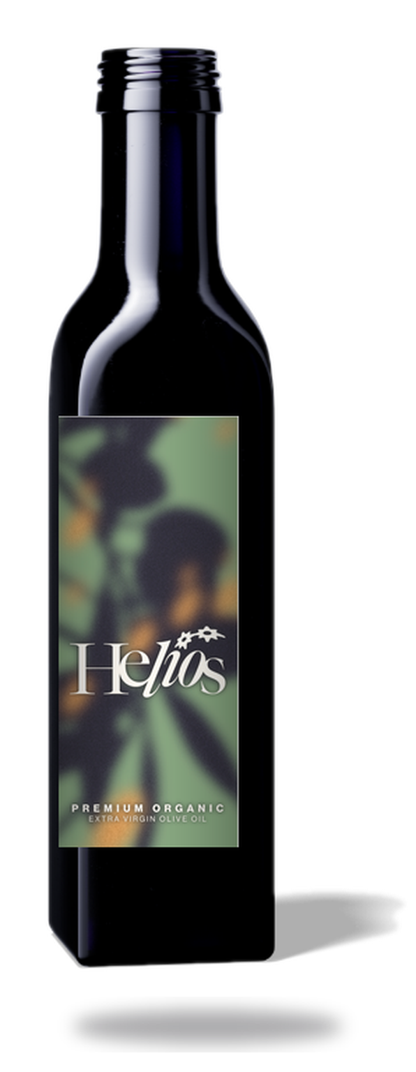 Helios extra virgin olive oil, 250 milliliter bottle with earthy sage and gold label